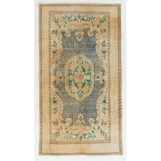 Hand-Knotted Vintage Turkish Oushak Rug Made of Wool. 3.8 x 6.7 Ft (114 x 203 cm)