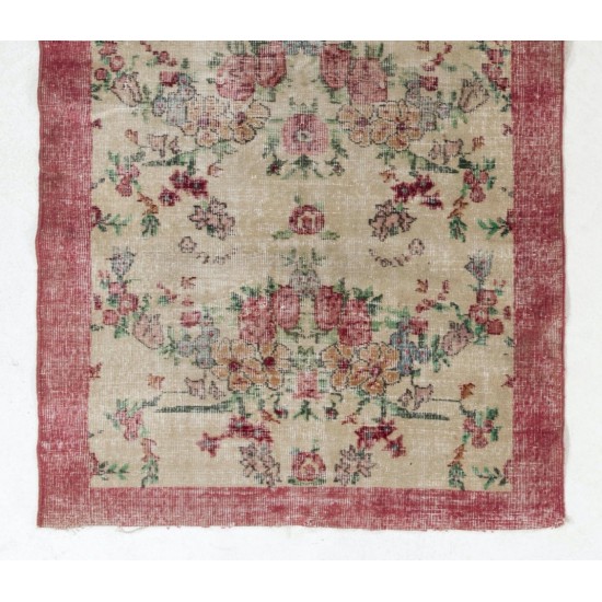 Floral Patterned Turkish Handmade Vintage Rug, Ideal for Office and Home Decor. 3.8 x 6.8 Ft (115 x 205 cm)