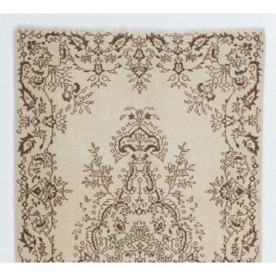 Turkish Oushak Rug in Ivory and Brown Color, Traditional Hand-Knotted 1960s Carpet. 3.8 x 7.3 Ft (115 x 220 cm)