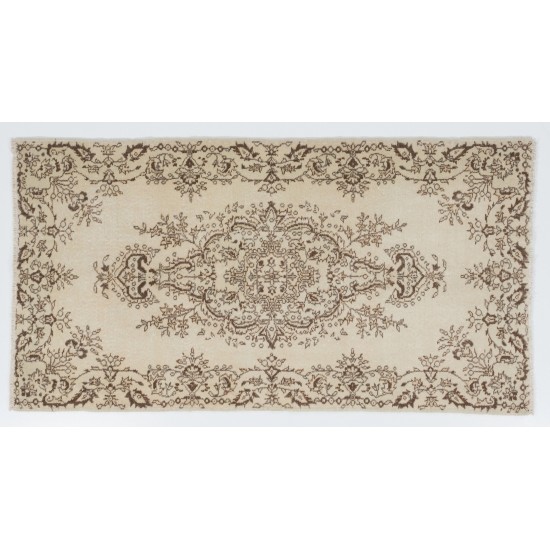 Turkish Oushak Rug in Ivory and Brown Color, Traditional Hand-Knotted 1960s Carpet. 3.8 x 7.3 Ft (115 x 220 cm)