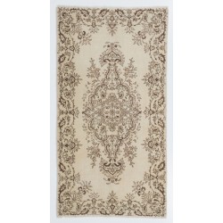 Turkish Oushak Rug in Ivory and Brown Color, Traditional Hand-Knotted 1960s Carpet. 3.8 x 7.3 Ft (115 x 220 cm)