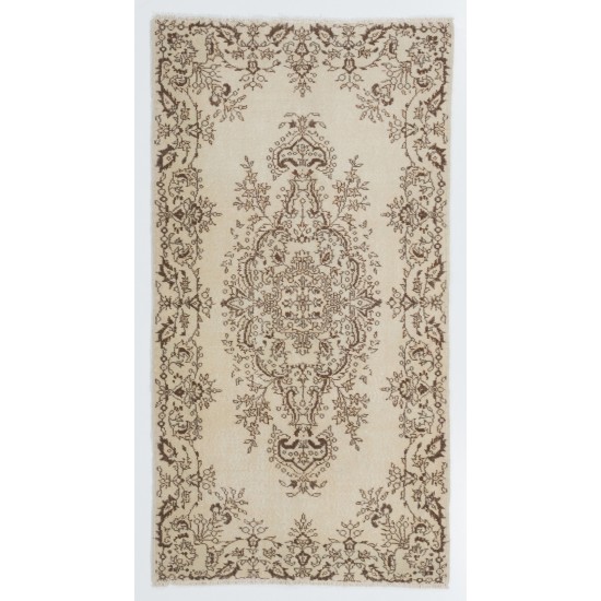 Turkish Oushak Rug in Ivory and Brown Color, Traditional Hand-Knotted 1960s Carpet. 3.8 x 7.3 Ft (115 x 220 cm)