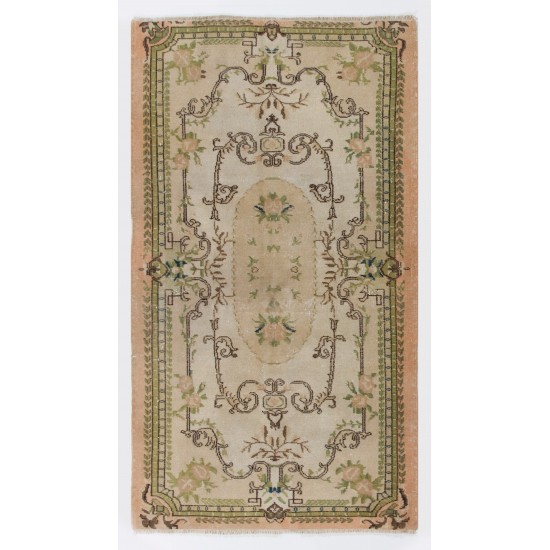 Turkish Oushak Rug with Floral Design, Traditional Hand-Knotted 1960s Carpet. 3.9 x 6.7 Ft (116 x 202 cm)