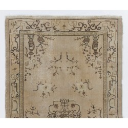 Turkish Oushak Accent Rug in Beige, Brown and Black Colors, Vintage Handmade Art Deco Chinese Design Carpet. 3.9 x 6.7 Ft (116 x 202 cm)