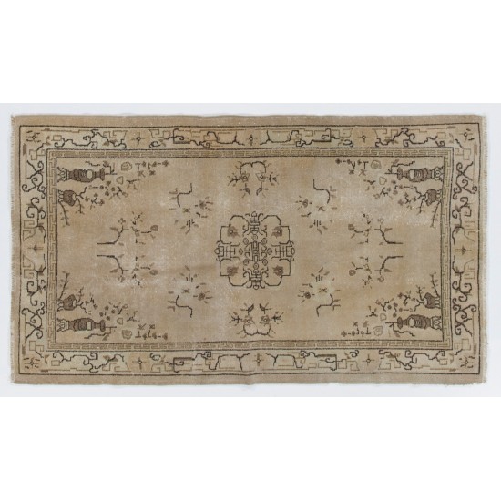 Turkish Oushak Accent Rug in Beige, Brown and Black Colors, Vintage Handmade Art Deco Chinese Design Carpet. 3.9 x 6.7 Ft (116 x 202 cm)