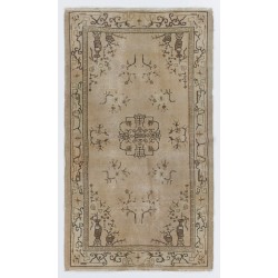 Turkish Oushak Accent Rug in Beige, Brown and Black Colors, Vintage Handmade Art Deco Chinese Design Carpet. 3.9 x 6.7 Ft (116 x 202 cm)