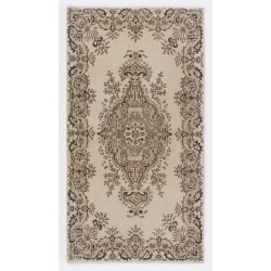 Turkish Oushak Accent Rug with Floral Garden Design, Hand-Knotted 1960s Carpet. 3.9 x 6.9 Ft (116 x 210 cm)