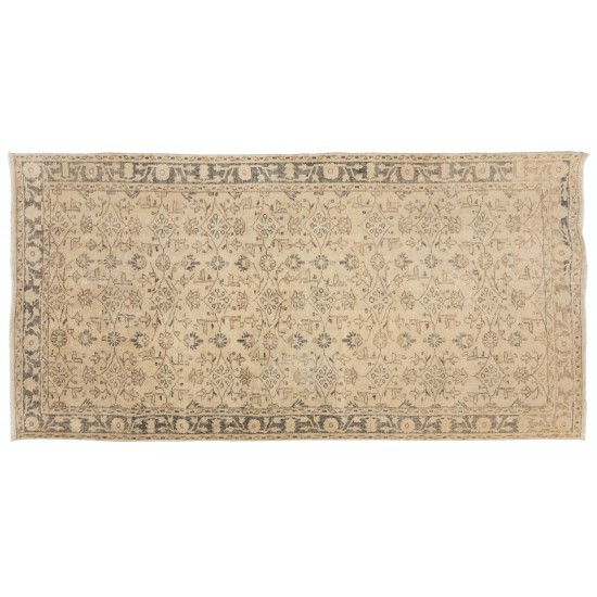 Vintage Oushak Accent Rug, Handmade carpet made in Turkey. 3.9 x 7.2 Ft (117 x 218 cm)