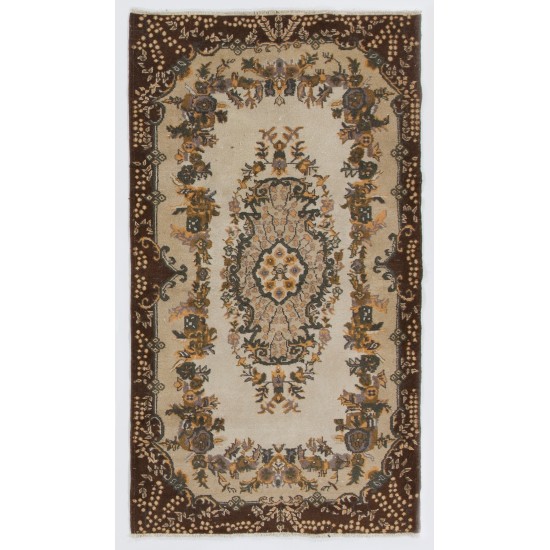 Hand-Knotted Vintage Turkish Rug, Home Decor Carpet in Beige, Brown, Mauve, Rust and Dark Green Color. 4 x 6.9 Ft (120 x 210 cm)