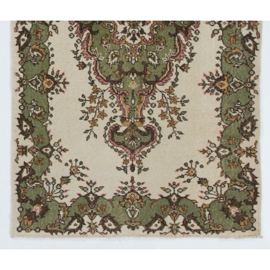 Hand-Knotted Vintage Turkish Oushak Rug in Beige, Green, Pink & Orange Color, Ideal for Home and Office Decor. 4 x 6.9 Ft (122 x 210 cm)