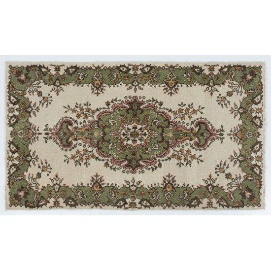 Hand-Knotted Vintage Turkish Oushak Rug in Beige, Green, Pink & Orange Color, Ideal for Home and Office Decor. 4 x 6.9 Ft (122 x 210 cm)
