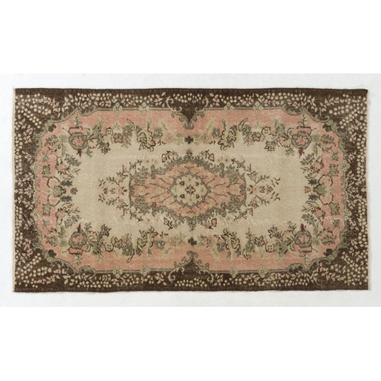 Vintage Hand-Knotted Central Anatolian Rug, Turkish Antique Washed Mid-Century Carpet. 4 x 7 Ft (123 x 216 cm)