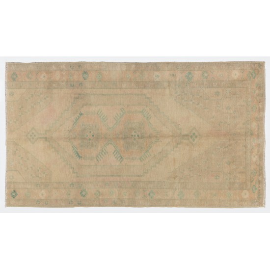 Vintage "Antique Washed" Handmade Turkish Rug with Geometric Design. 4.2 x 7 Ft (125 x 215 cm)