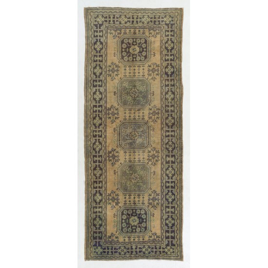 Hand-Knotted Vintage Turkish Runner Rug, Authentic Wool Hallway Runner. 4.3 x 11.3 Ft (130 x 344 cm)