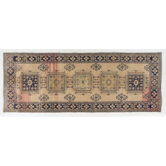 Hand-Knotted Vintage Turkish Runner Rug, Authentic Wool Hallway Runner. 4.6 x 11.9 Ft (138 x 361 cm)