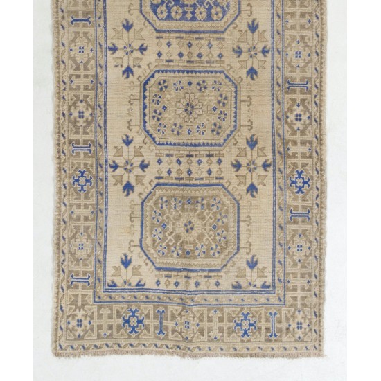 Hand-Knotted Vintage Turkish Runner Rug, Authentic Wool Hallway Runner. 4.6 x 12.2 Ft (140 x 370 cm)