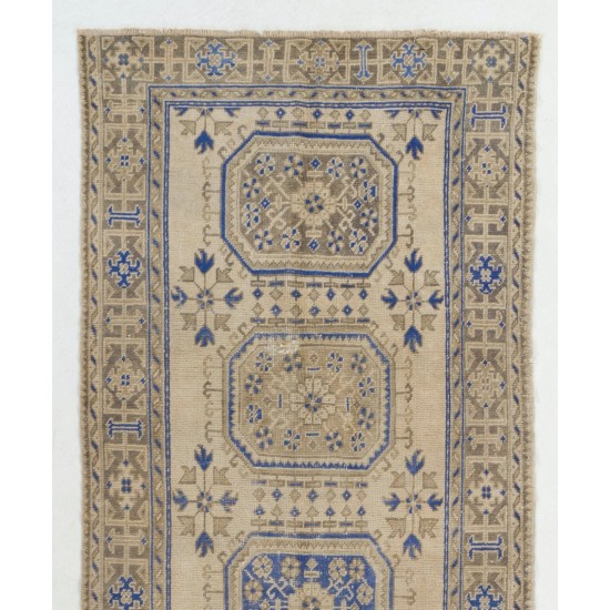 Hand-Knotted Vintage Turkish Runner Rug, Authentic Wool Hallway Runner. 4.8 x 11.9 Ft (144 x 360 cm)