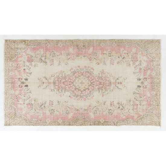 Vintage Hand-Knotted Anatolian Rug with Floral Medallion Design, Living Room Carpet. 5.9 x 10.3 Ft (177 x 312 cm)