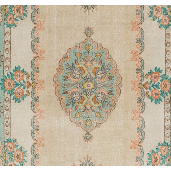 Vintage Hand-Knotted Anatolian Rug in Turquoise, Green, Pink and Sand Color. 5.9 x 9.5 Ft (178 x 288 cm)