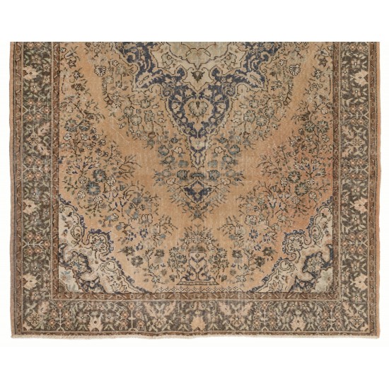 Vintage Handmade Turkish Rug in Faded Peach, Apricot, Mint Green, Gray, Green and Brown Color Carpet. 6.9 x 10.3 Ft (208 x 313 cm)