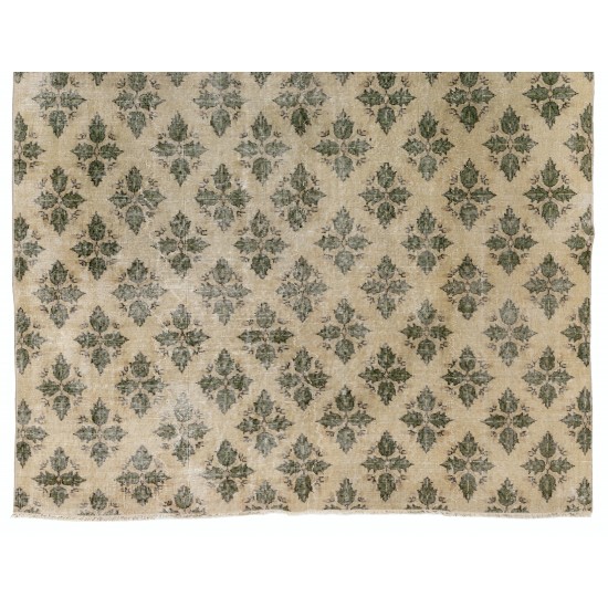 Unique Vintage Handmade Anatolian Area Rug, Wool and Cotton Carpet with Leaves Design. 7 x 9.9 Ft (213 x 300 cm)