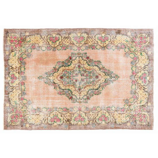 Distressed Vintage Anatolian Oushak Area Rug, Floral Ghiordes Handmade Carpet. 7.4 x 10.9 Ft (224 x 330 cm)