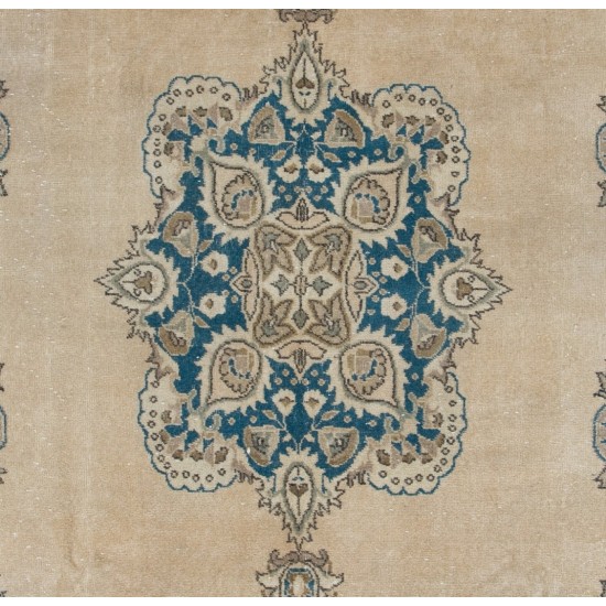 Vintage Anatolian Oushak Area Rug in Beige & Blue Color, Handmade carpet made in Turkey. 7.7 x 11.3 Ft (232 x 344 cm)