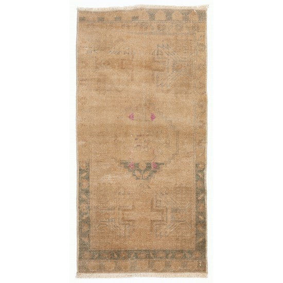 Hand-Knotted Vintage Turkish Oushak Rug Made of Wool. 1.8 x 3.5 Ft (52 x 105 cm)