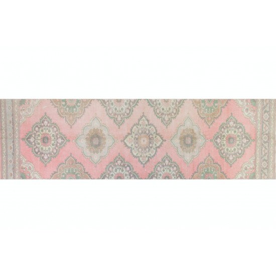 Hand-Knotted Vintage Turkish Runner Rug, Authentic Wool Corridor Carpet. 3 x 13.2 Ft (94 x 400 cm)