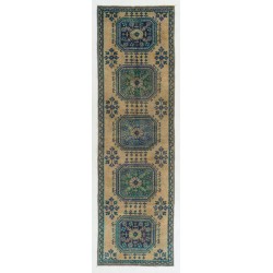 Hand-Knotted Vintage Turkish Runner Rug, Authentic Wool Corridor Carpet. 3.2 x 10.5 Ft (96 x 318 cm)