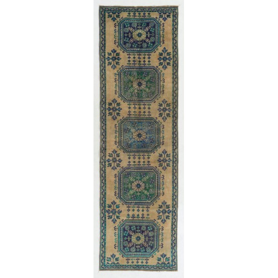 Hand-Knotted Vintage Turkish Runner Rug, Authentic Wool Corridor Carpet. 3.2 x 10.5 Ft (96 x 318 cm)