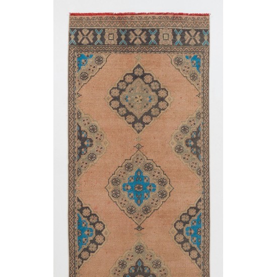 Hand-Knotted Vintage Turkish Runner Rug, Authentic Wool Corridor Carpet. 3.3 x 11.3 Ft (98 x 343 cm)