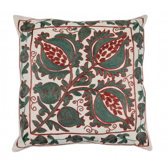 Uzbek Suzani Silk, Cotton and Linen Cushion Cover, Hand Embroidered Uzbek Suzani Throw Pillow Cover. 18" x 19" (45 x 46 cm)