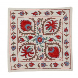 21st Century Hand Embroidered Silk Suzani Cushion Cover from Uzbekistan, Decorative Throw Pillow Cover. 18" x 19" (45 x 46 cm)