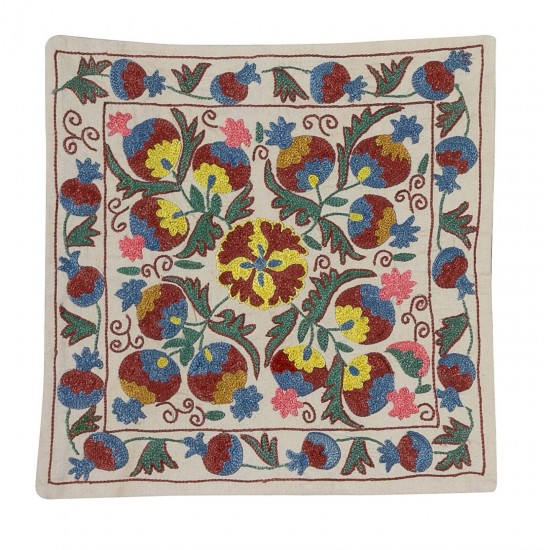 21st Century Hand Embroidered Silk Suzani Cushion Cover from Uzbekistan, Decorative Throw Pillow Cover. 18" x 19" (45 x 46 cm)