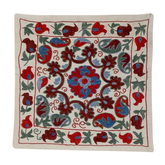 Uzbek Suzani Silk, Cotton and Linen Cushion Cover, Hand Embroidered Uzbek Suzani Throw Pillow Cover. 18" x 19" (45 x 46 cm)