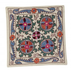 Traditional Silk Silk Embroidery Suzani from Uzbekistan, Handmade Cushion Cover. 18" x 19" (45 x 46 cm)