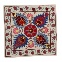 Traditional Silk Silk Embroidery Suzani from Uzbekistan, Handmade Cushion Cover. 18" x 19" (45 x 46 cm)
