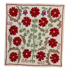 21st-Century Suzani Throw Pillow Cover from Uzbekistan. Hand Embroidered Cotton and Silk Cushion Cover. 18" x 19" (45 x 46 cm)