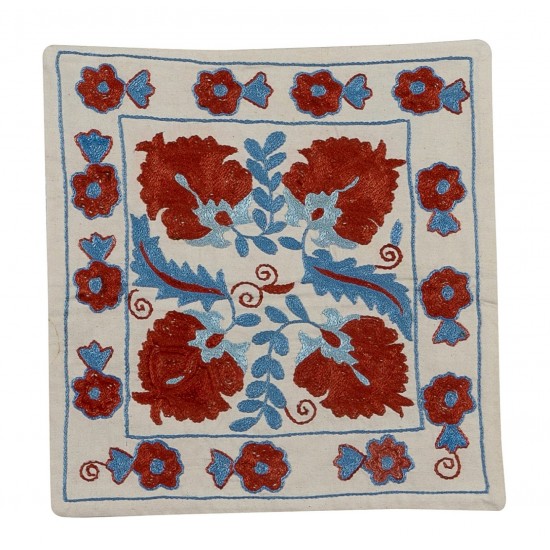 Traditional Silk Silk Embroidery Suzani from Uzbekistan, Handmade Cushion Cover. 18" x 19" (45 x 46 cm)