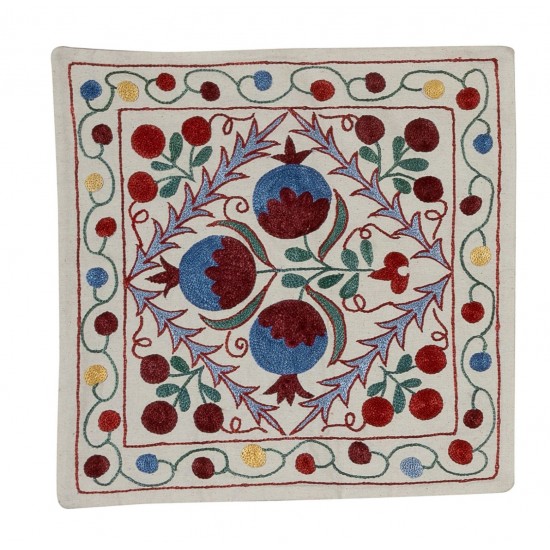 21st-Century Suzani Throw Pillow Cover from Uzbekistan. Hand Embroidered Cotton and Silk Cushion Cover. 18" x 19" (45 x 46 cm)