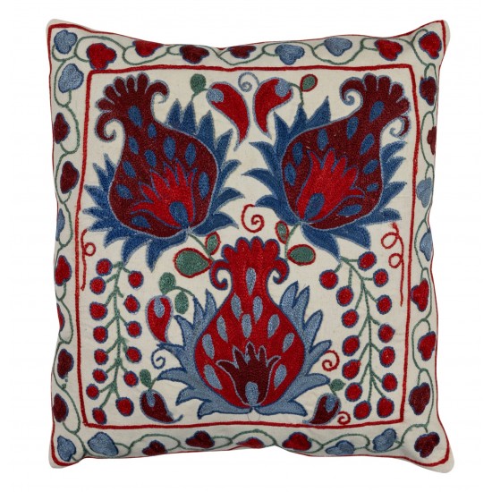 New Authentic Central Asian Silk Hand Embroidered Suzani Cushion Cover. 18" x 19" (45 x 46 cm)