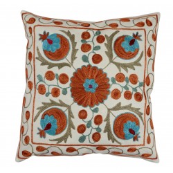 Suzani Silk, Cotton and Linen Cushion Cover, Hand Embroidered Uzbek Suzani Throw Pillow Cover. 18" x 19" (45 x 46 cm)