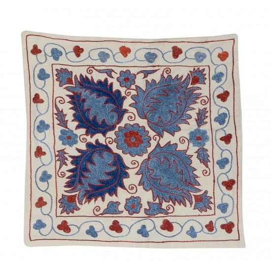 Suzani Silk, Cotton and Linen Cushion Cover, Hand Embroidered Uzbek Suzani Throw Pillow Cover. 18" x 19" (45 x 46 cm)