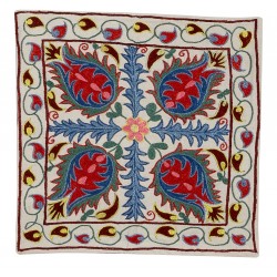 Suzani Silk, Cotton and Linen Cushion Cover, Hand Embroidered Uzbek Suzani Throw Pillow Cover. 18" x 19" (45 x 46 cm)