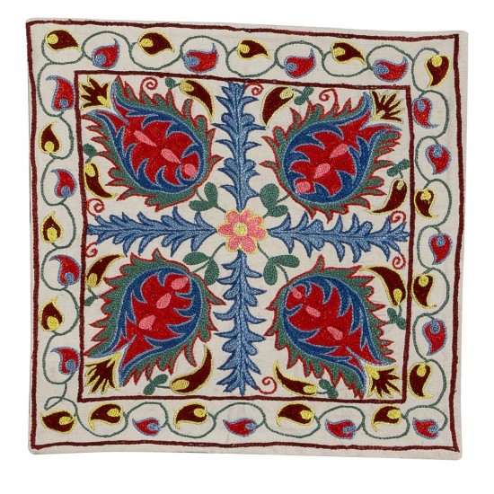 Suzani Silk, Cotton and Linen Cushion Cover, Hand Embroidered Uzbek Suzani Throw Pillow Cover. 18" x 19" (45 x 46 cm)