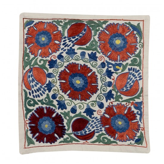 Beautiful Silk Hand Embroidered Suzani Cushion Cover from Uzbekistan, 21st Century Handmade Pillow Cover. 18" x 19" (45 x 46 cm)