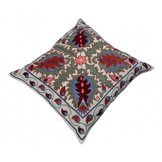 Silk Hand Embroidered Suzani Cushion Cover, Authentic Uzbek Throw Pillow Cover. 18" x 19" (45 x 46 cm)