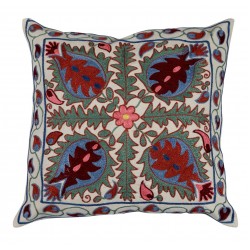 Silk Hand Embroidered Suzani Cushion Cover, Authentic Uzbek Throw Pillow Cover. 18" x 19" (45 x 46 cm)