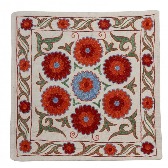 Handmade Brand New Uzbek Silk Embroidered Suzani Throw Pillow Cover, Cushion Cover, Lace Pillow. 18" x 19" (45 x 46 cm)